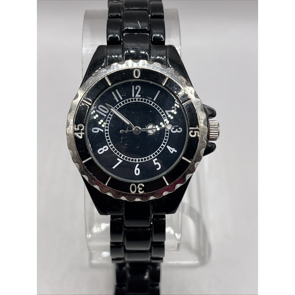 Women's Quartz Watch Black 7" Band Silver‎ Rotating Bezel- New Battery